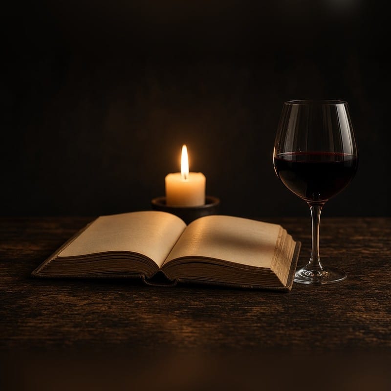 Open book, a lit candle and a glass of red wine