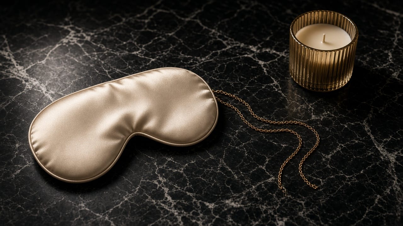 Champagne silk eye mask and a candle on black marble