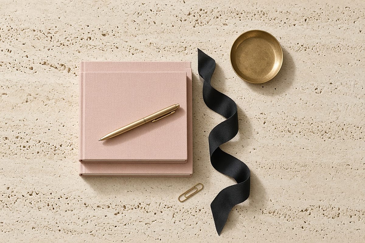 Blush linen notebooks with a gold pen and black silk ribbon on travertine