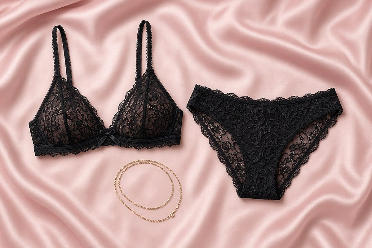 Black lace bralette and briefs laid flat on blush silk with a gold chain