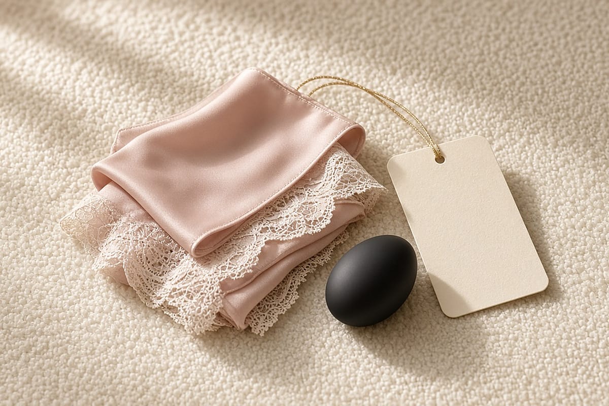Folded blush satin and lace with a blank gift tag and a black egg toy