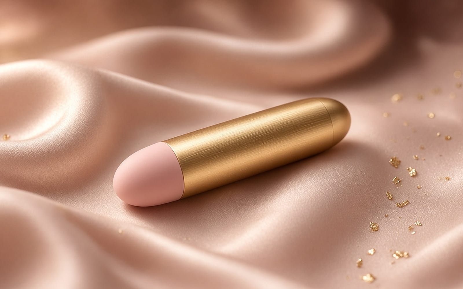 Gold bullet vibrator with a blush tip on blush silk