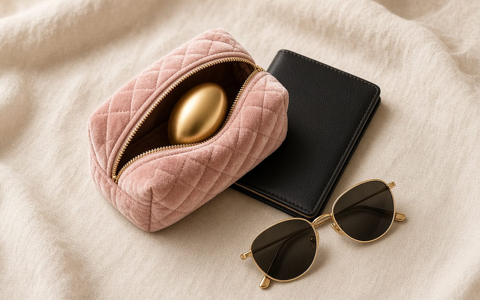 Blush quilted travel pouch holding a gold egg toy, with a black wallet and sunglasses