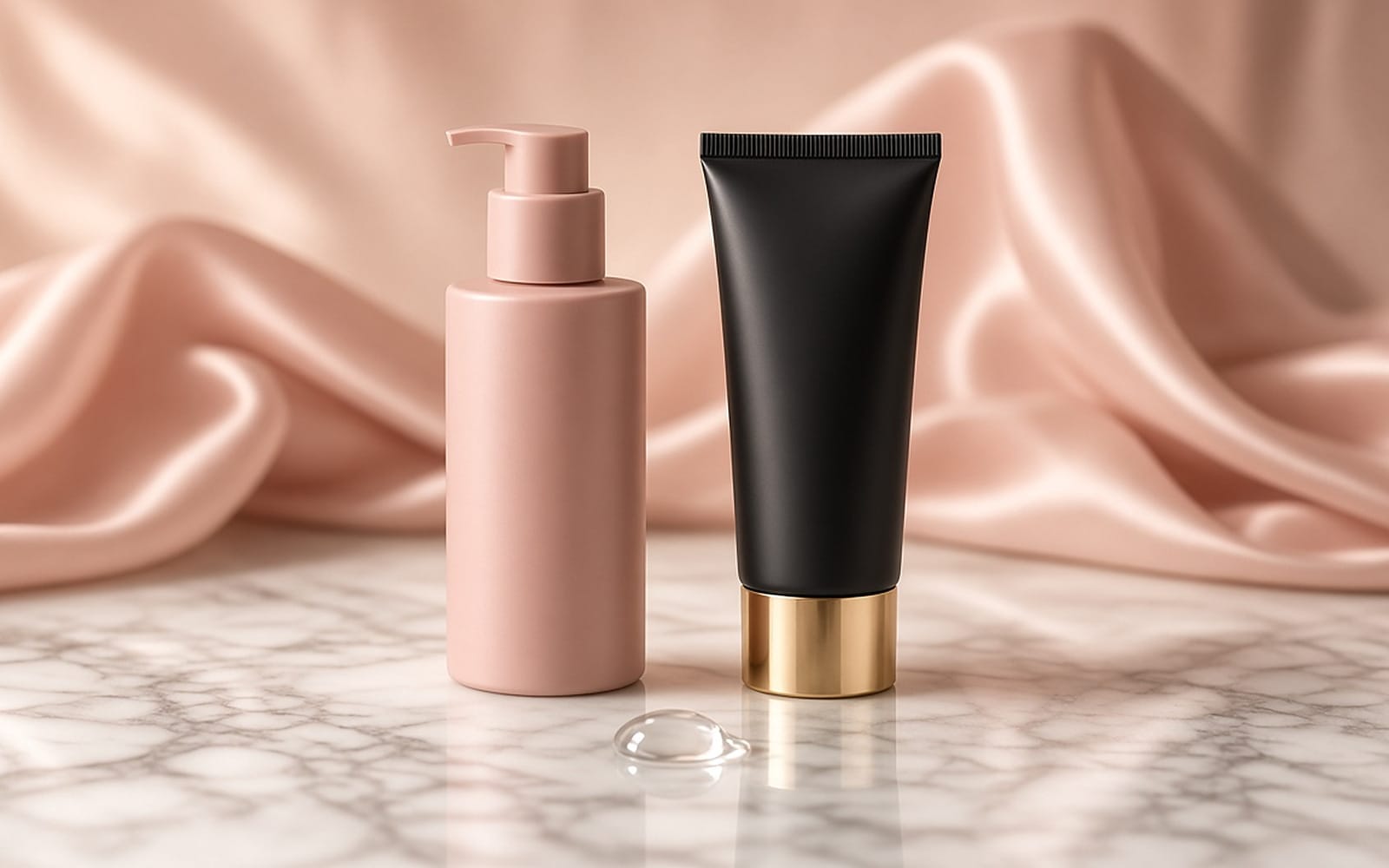 Unbranded blush pump bottle and black tube on marble