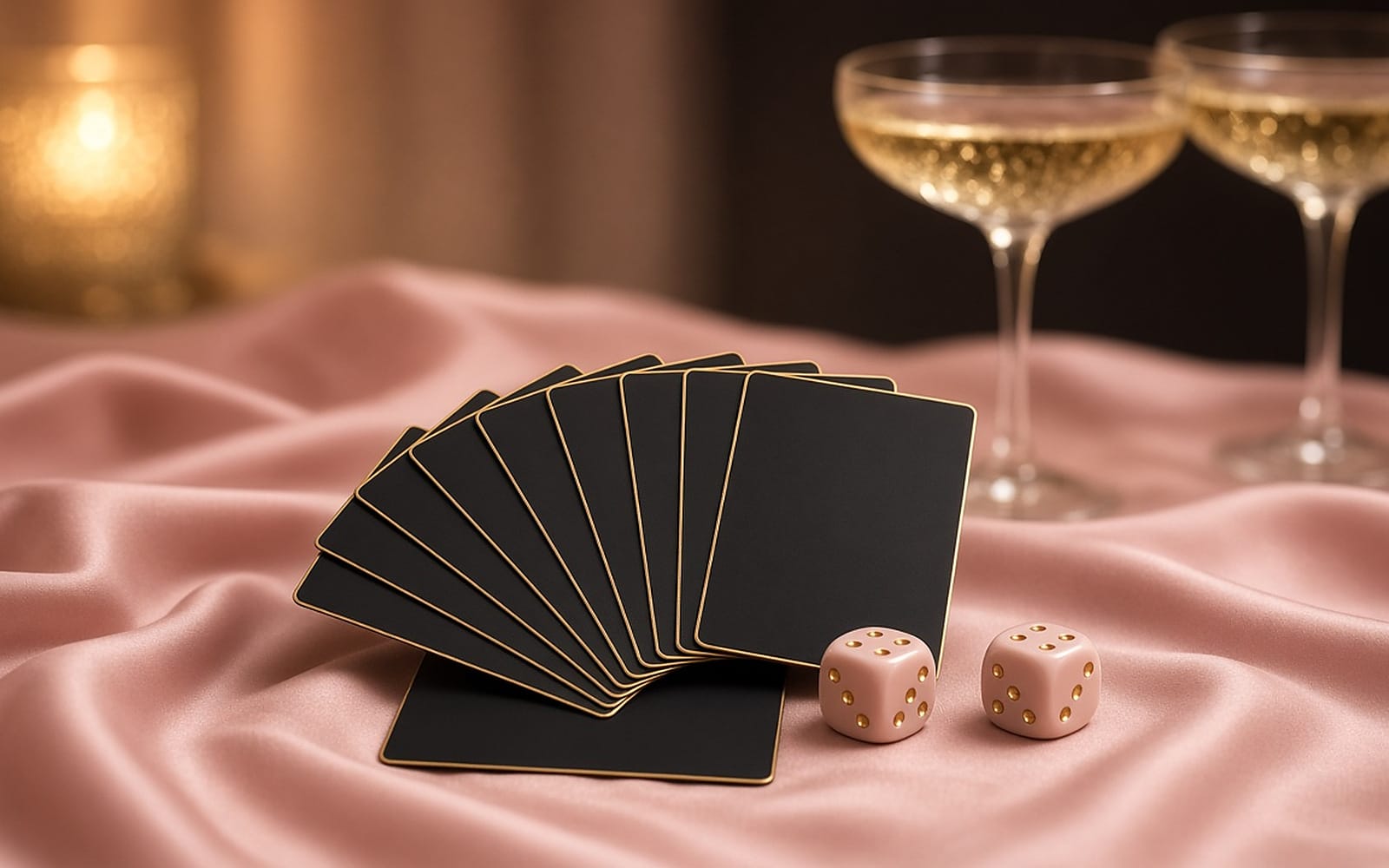 Blank black and gold playing cards, blush dice and champagne on blush satin