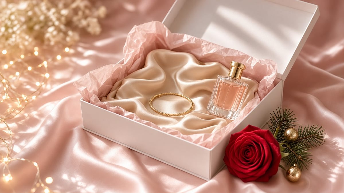 Open white gift box with pink tissue, champagne satin, a gold bracelet and a perfume bottle, beside a red rose and pine sprig on blush satin