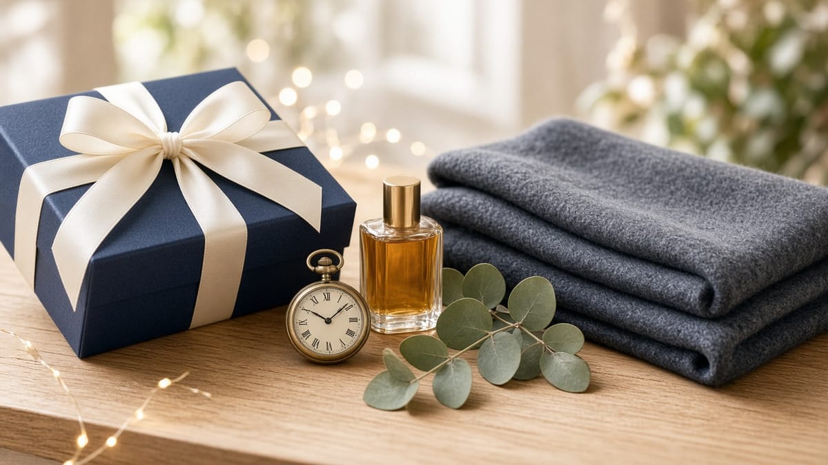Navy gift box with a cream satin bow beside a pocket watch, amber cologne bottle, eucalyptus and a folded grey throw, with warm fairy lights