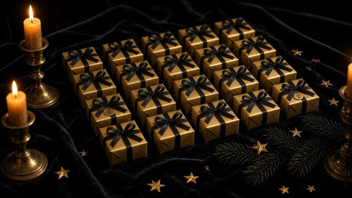 Gold-wrapped gift boxes with black ribbons on black velvet by candlelight — advent calendar mood