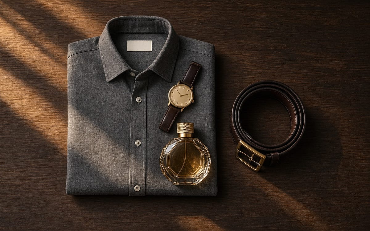 Folded charcoal shirt with a gold watch, a cologne bottle and a leather belt on walnut in golden-hour light