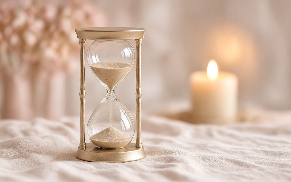 Gold-framed hourglass on soft ivory linen, with a lit candle glowing out of focus behind it