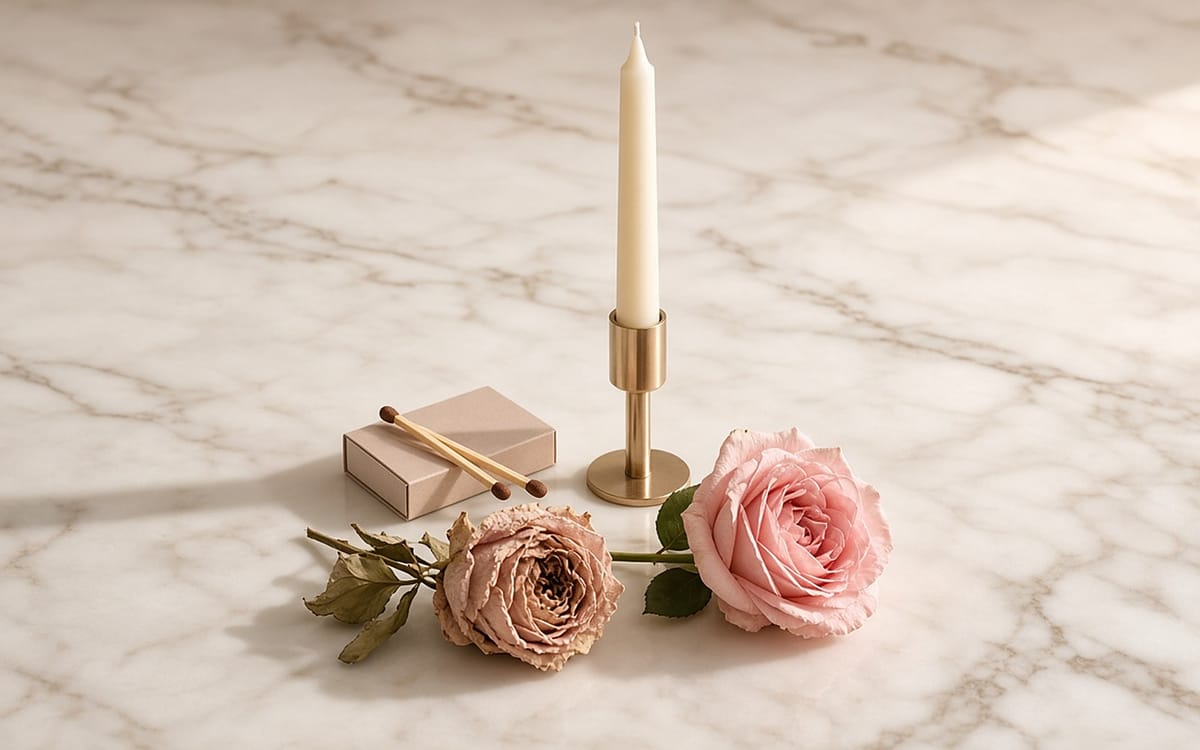 Unlit ivory taper in a gold holder beside a matchbox and two pink roses, one fresh and one dried, on marble
