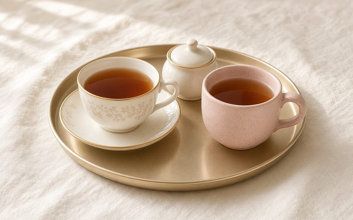 A fine-china teacup and a blush stoneware mug of tea side by side on a gold tray
