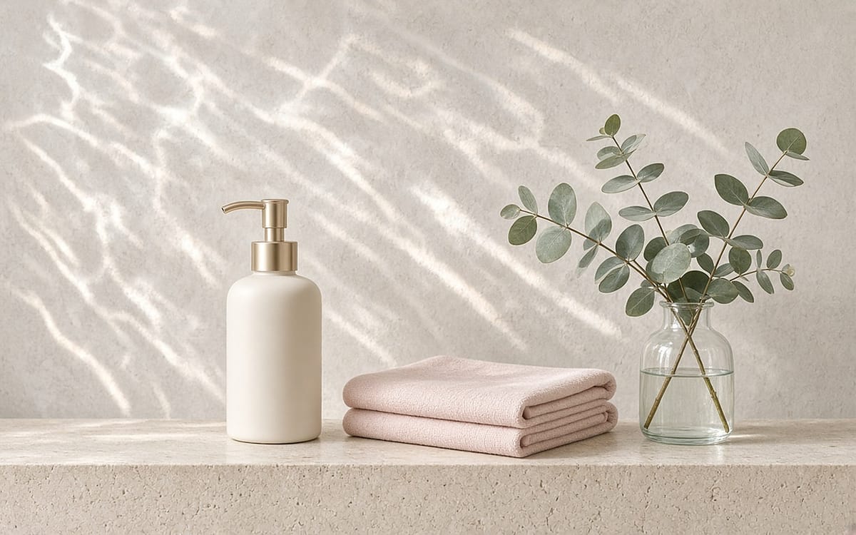 Ivory pump bottle, folded blush towels and eucalyptus in a glass vase on a limestone ledge, with rippling water light