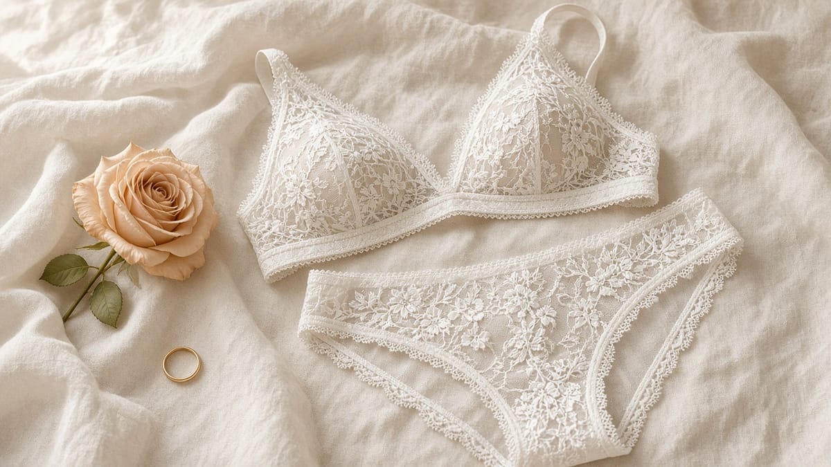 White lace bra and brief on sheets with a rose and a ring