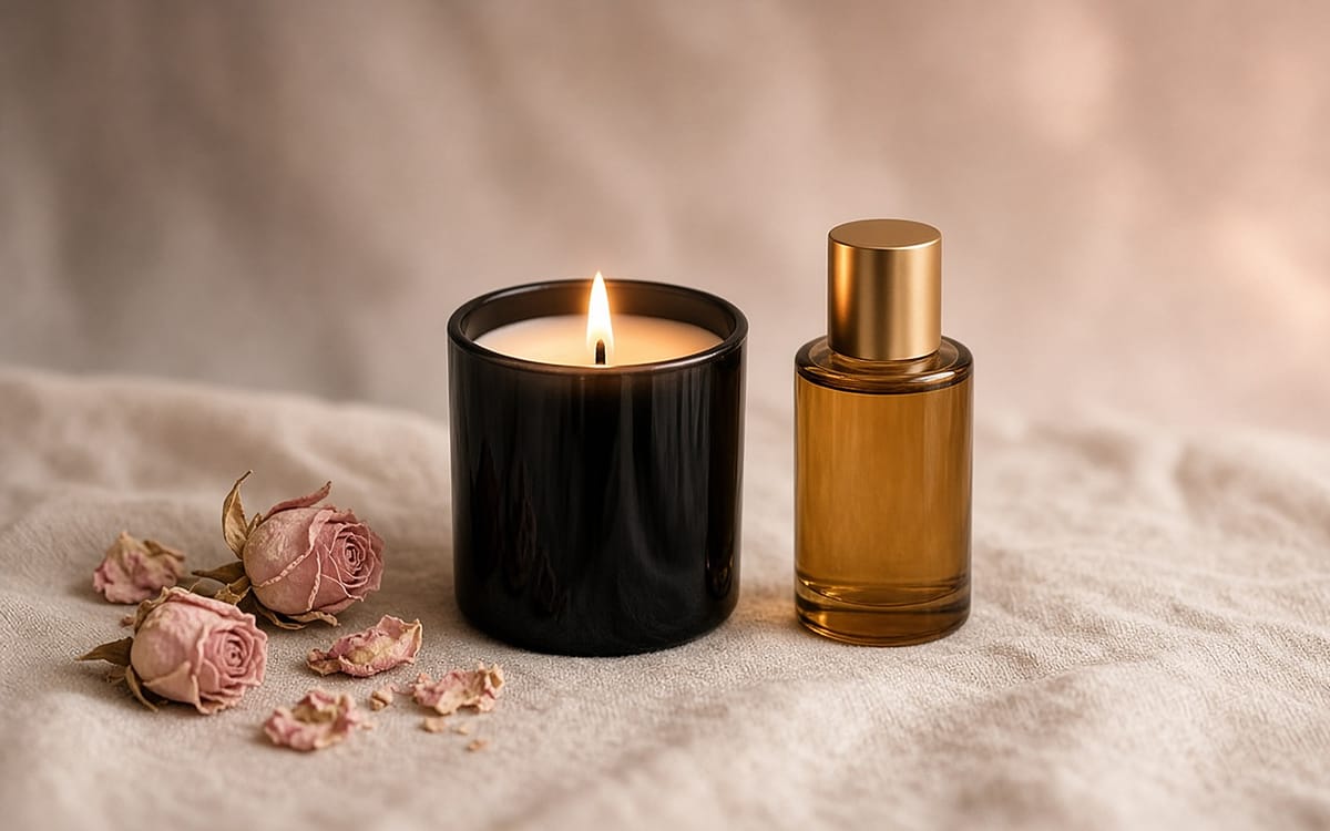 Black-jar candle and amber massage oil beside dried roses on cream linen