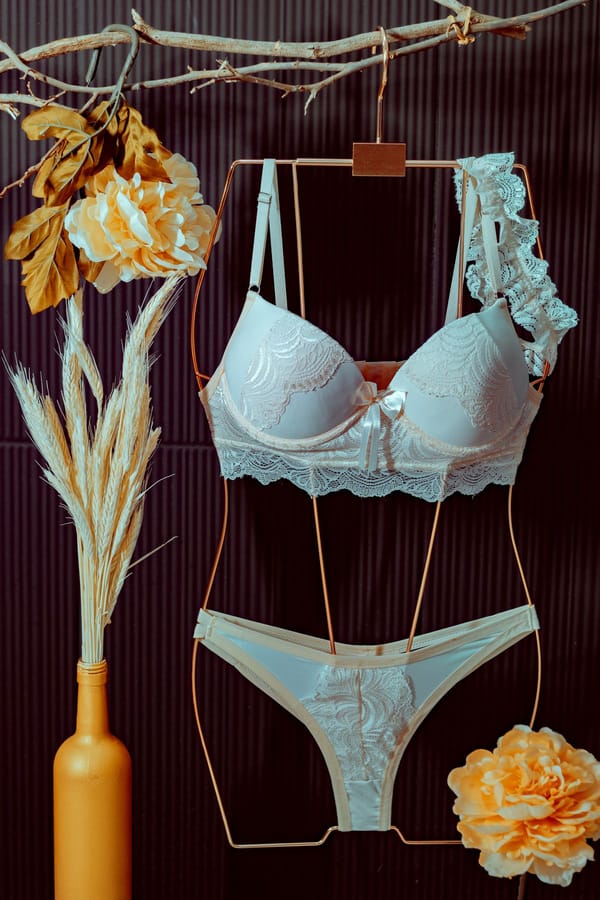 Champagne lace lingerie set on dark editorial backdrop