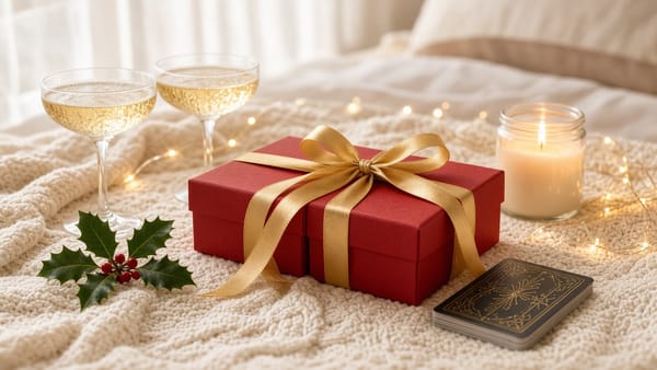 Red gift box tied with gold ribbon on a cream knit throw, with two glasses of fizz, a lit candle, a deck of cards, holly and fairy lights