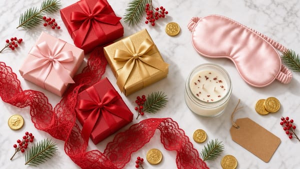 Small red, pink and gold wrapped gifts with red lace ribbon, a pink satin eye mask, a candle, chocolate coins, berries and a gift tag on marble