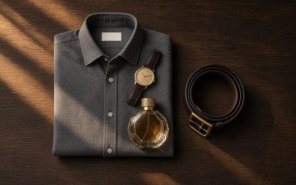 Folded charcoal shirt with a gold watch, a cologne bottle and a leather belt on walnut in golden-hour light