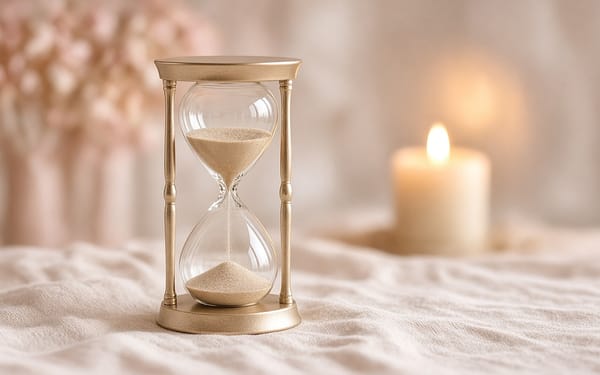 Gold-framed hourglass on soft ivory linen, with a lit candle glowing out of focus behind it