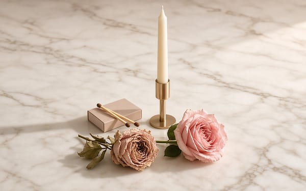 Unlit ivory taper in a gold holder beside a matchbox and two pink roses, one fresh and one dried, on marble