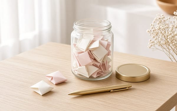 Glass jar of folded blush and ivory notes with its gold lid and a gold pen on a light oak table