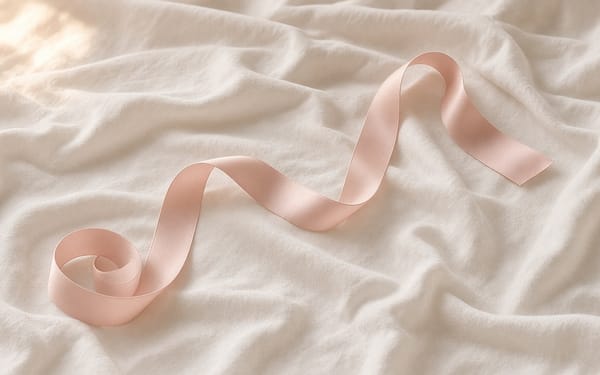 A loose, untied blush silk ribbon lying across soft ivory sheets