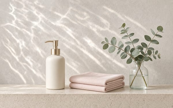 Ivory pump bottle, folded blush towels and eucalyptus in a glass vase on a limestone ledge, with rippling water light