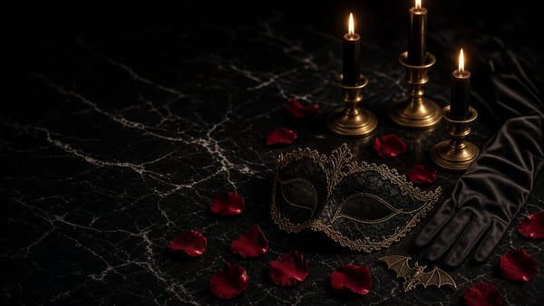 Black lace and gold filigree masquerade mask with black taper candles, a satin glove and red petals on black marble