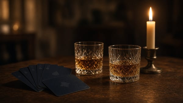 Playing cards, two glasses and a lit candle on a dark wooden table