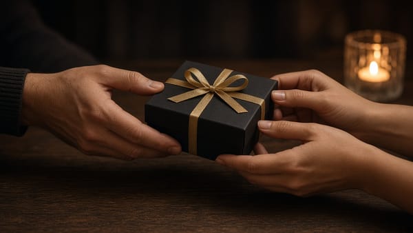 Two pairs of hands exchanging a black gift box tied with a gold ribbon, candlelight behind