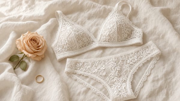 White lace bra and brief on sheets with a rose and a ring