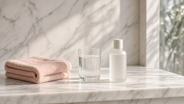 White bottle, folded towel and a glass of water on a marble ledge
