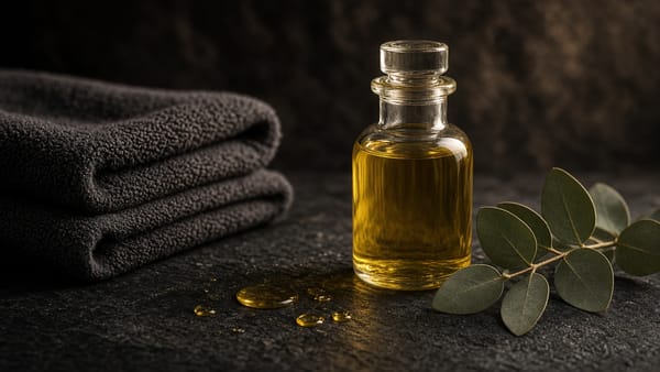 Massage oil bottle with eucalyptus sprigs and rolled towels