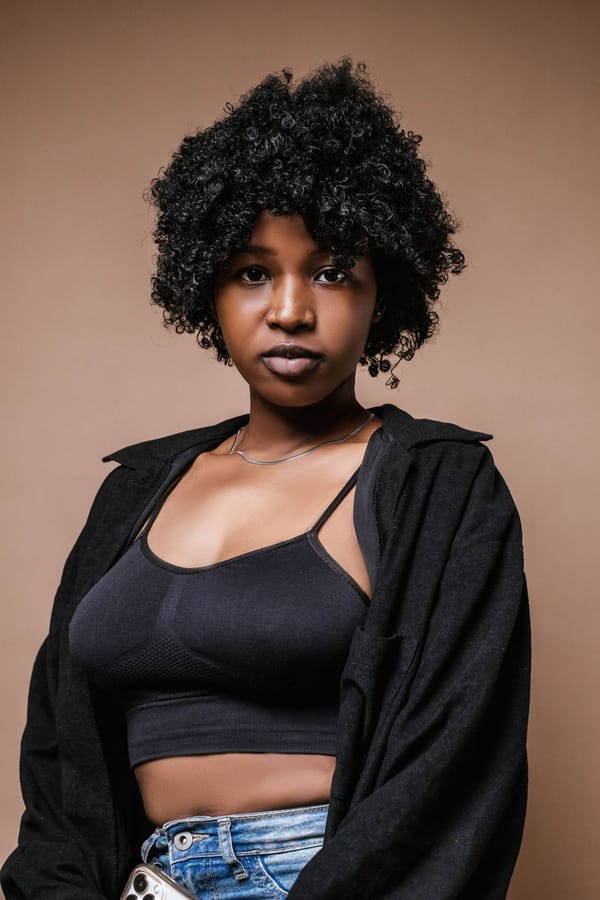 Woman in a black bralette under an open black shirt