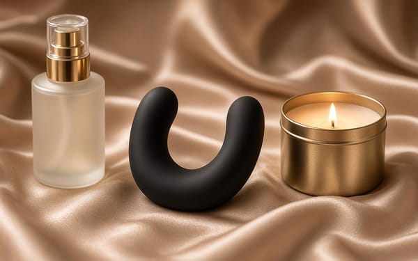 Frosted pump bottle, black U-shape couples toy and a gold-tin candle on champagne satin