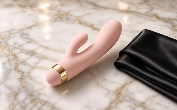 Blush rabbit-style vibrator on white and gold marble beside black satin