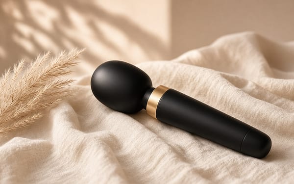 Black and gold wand vibrator on cream linen with pampas grass