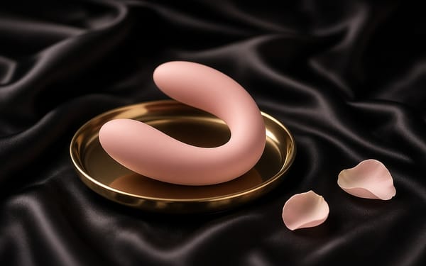 Blush U-shaped couples vibrator on a gold tray over black satin