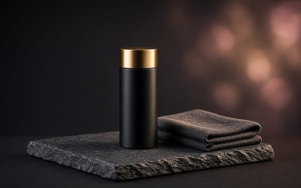 Discreet matte black canister with a gold cap on slate beside folded towels