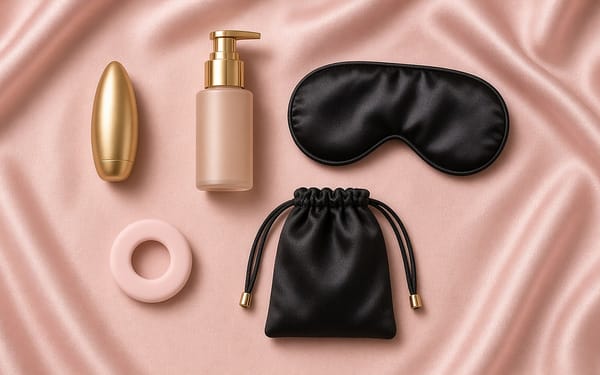 Starter set flat lay: gold bullet, pump bottle, eye mask, ring and pouch on blush satin