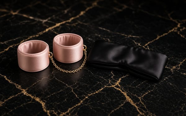 Blush satin cuffs joined by a gold chain beside a black blindfold on black marble